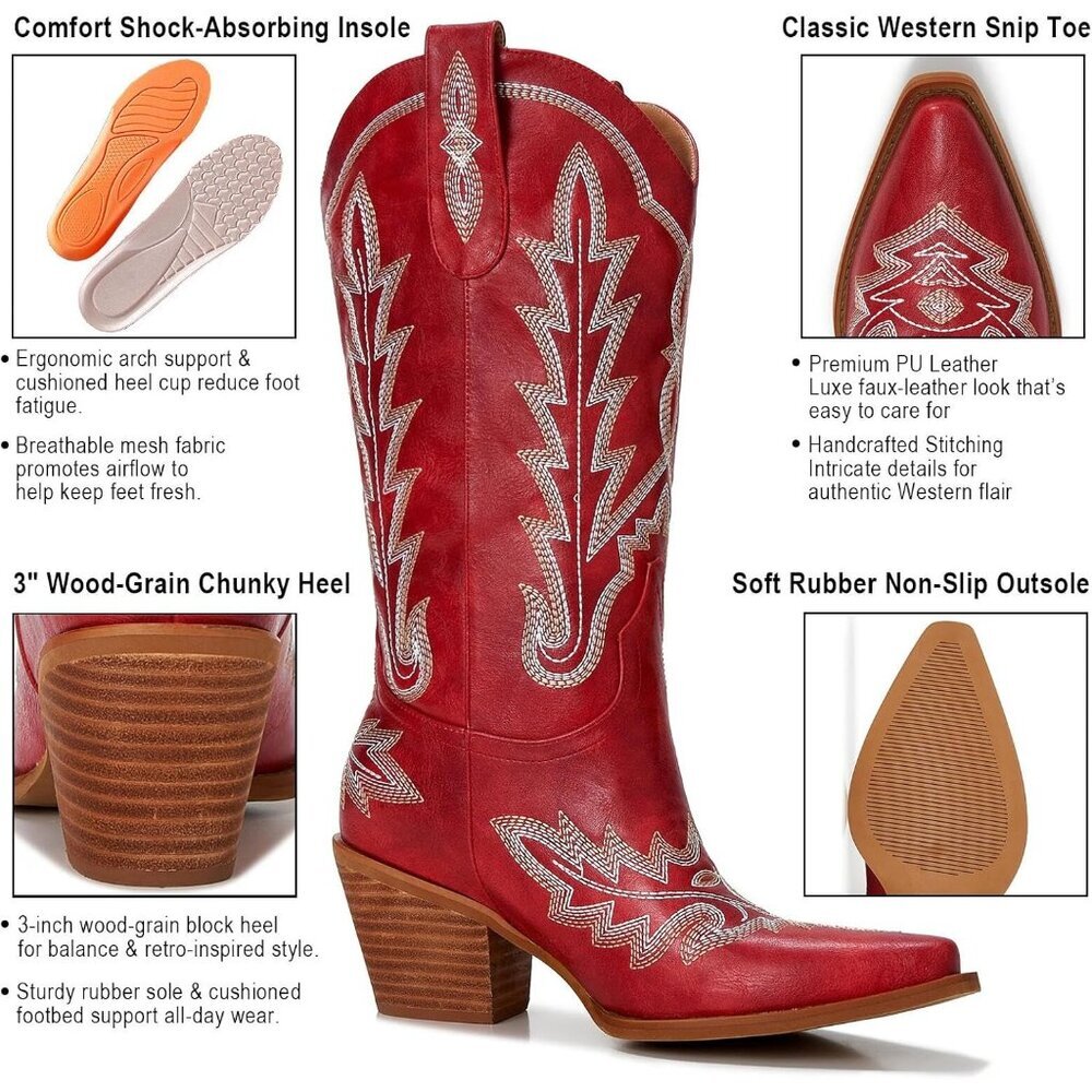 🆕Women Deep Red Faux Leather Wood Grain Embroidered Chunky Heel Cowgirl Boots - Picture 3 of 8
